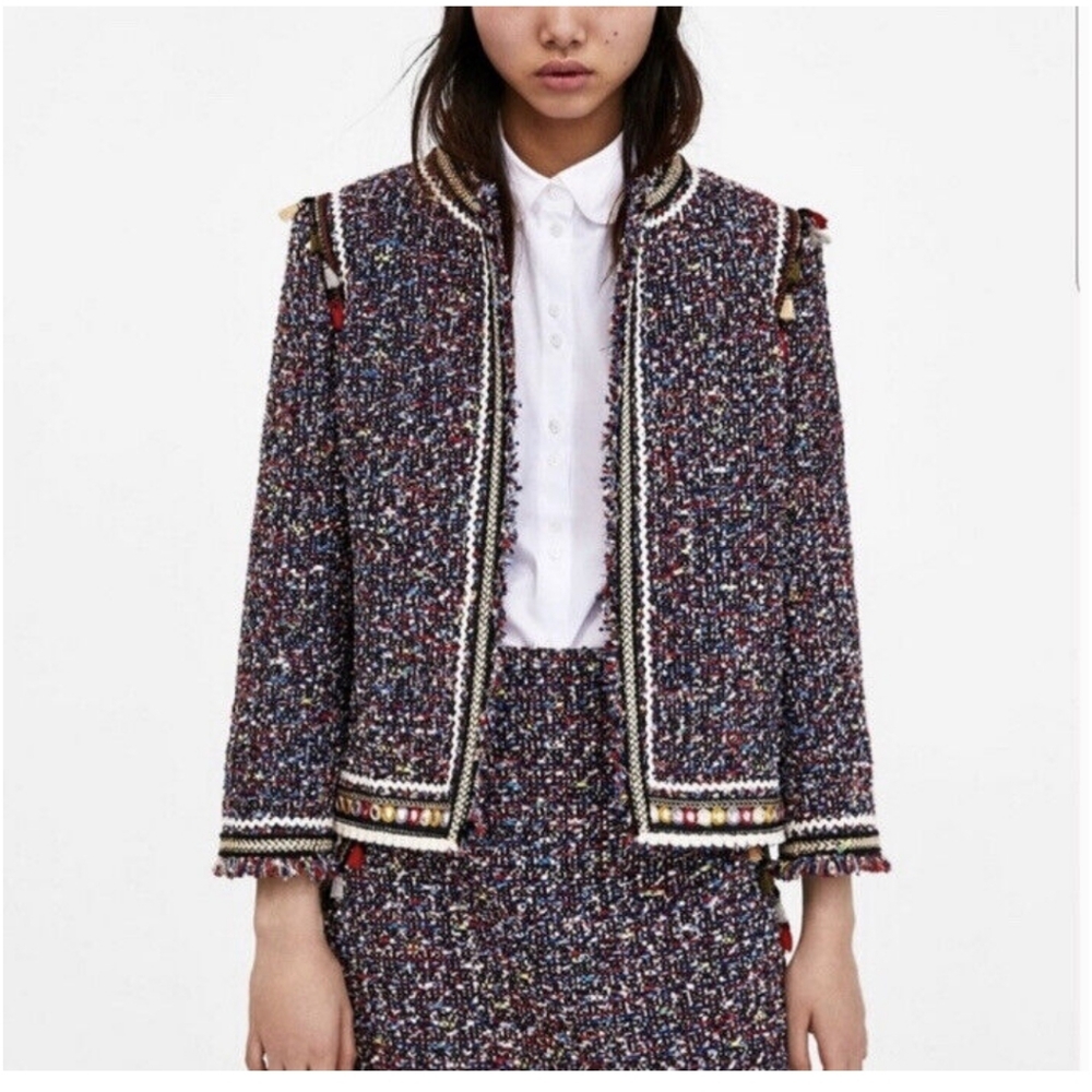 Zara Woman Fringe Tweed Blazer Navy size M
